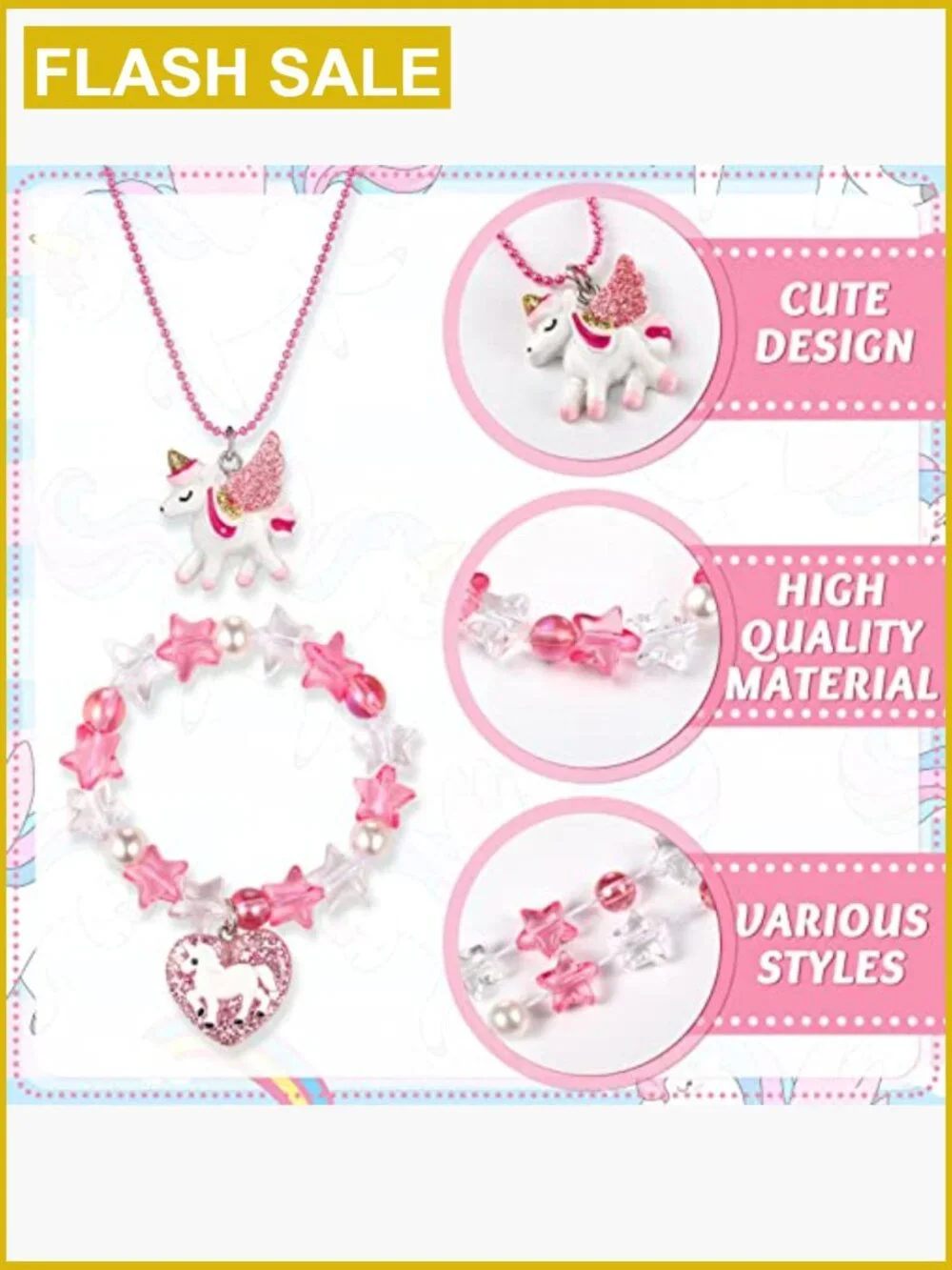 12 Pc Girl Necklaces Bracelets Set with Unicorn Mermaid Rainbow Pendant Kid
